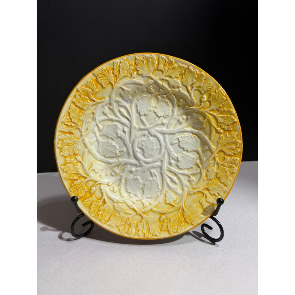 Casafina Italy Hand Painted Ceramic Oak Leaf Acorn Embossed Plate Yellow White